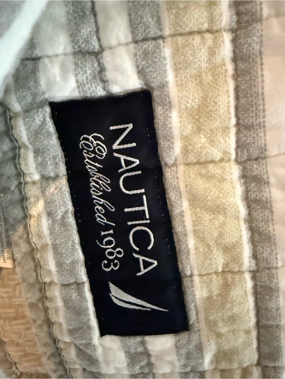 Striped Quilted Throw Blanket in White, Tan and Grey
